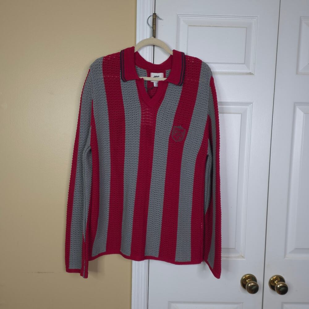 BDG Mitchelle Embroidered Crest Polo Sweater in Red Gray Stripe Size S